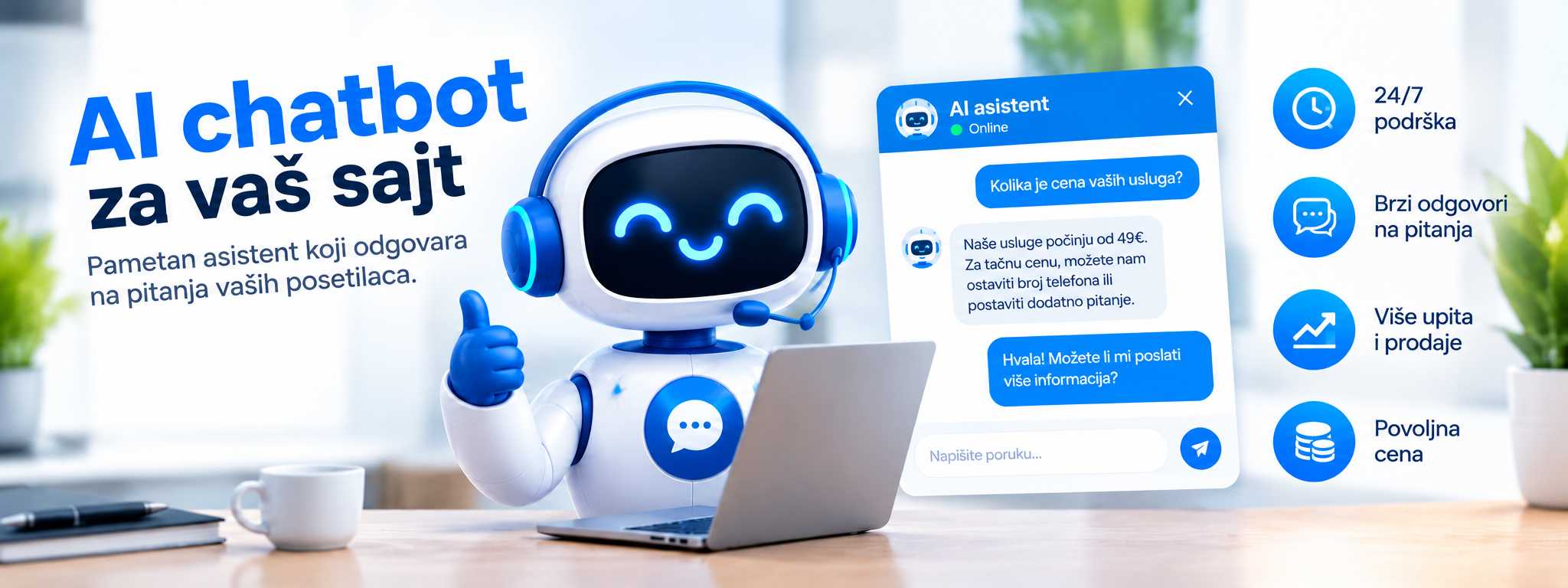AI chatbot za vaš sajt sa 24/7 podrškom i brzim odgovorima na pitanja posetilaca